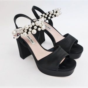 Miu Miu Platform Sandals Black Faux Pearl